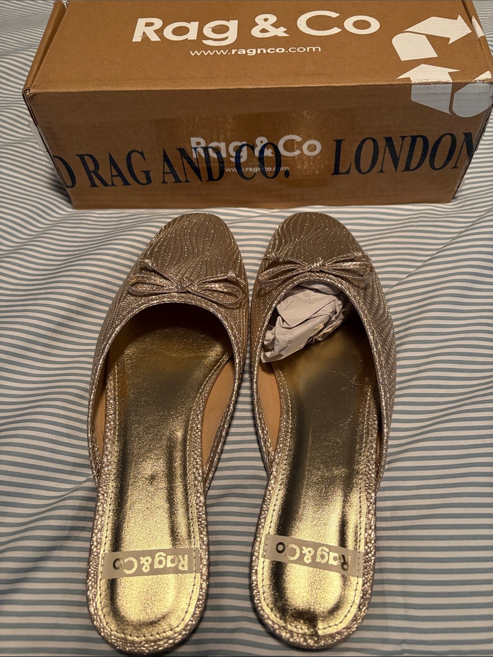 Rag and co Metallic Gold Bow-Trim Mule Flats size 9 brand new